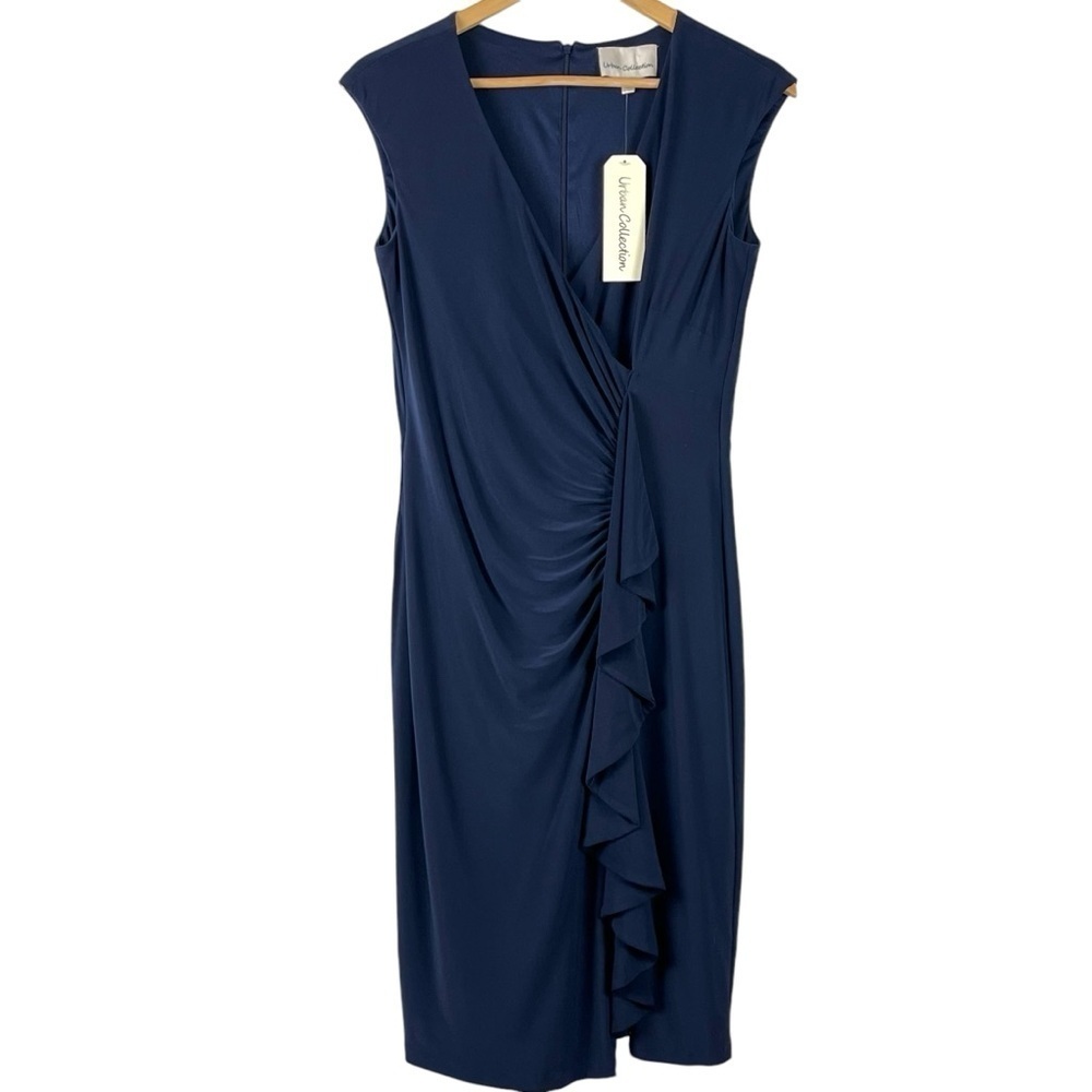 NWT Urban Collection Navy Blue Career Stretchy Sheath Dress with Ruffle Size 6